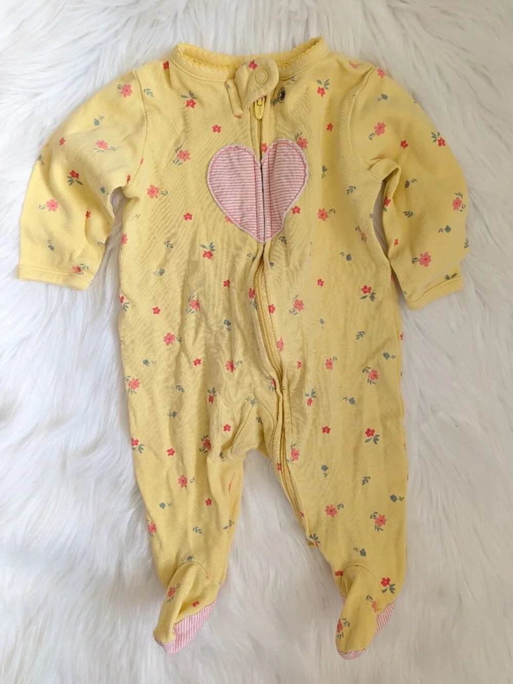 NEW Carter's 0-3M Yellow Floral Footed One-Piece with Pink Heart